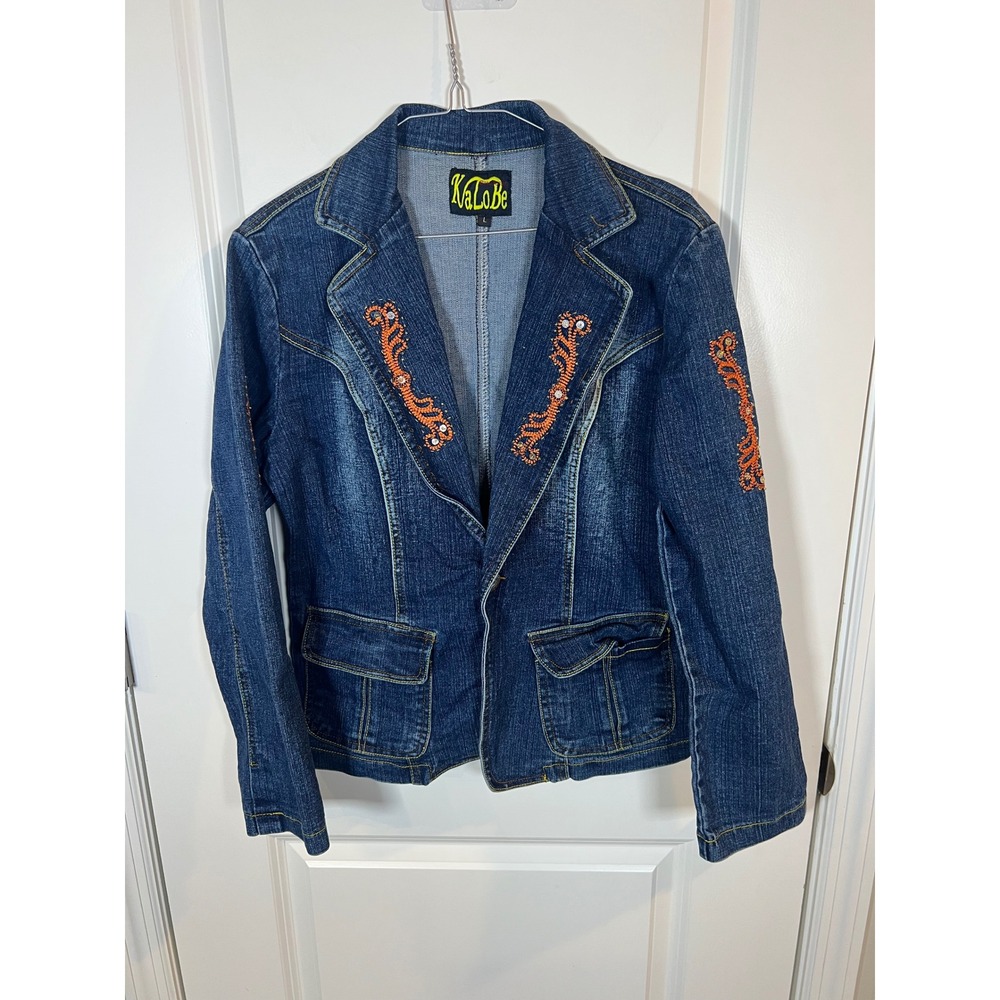 KaLoBe Womens Denim Blazer Embroidered Rhinestone Dark Wash Blue Size L
